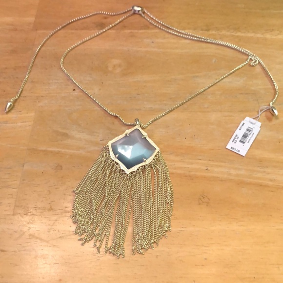 Kendra Scott Kingston Gold Tone Long Pendant Necklace Slate Cats Eye NWT - Picture 2 of 12